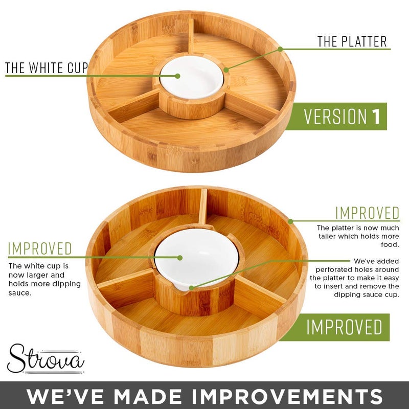Strova Chip and Dip Serving Bowl â€“ Wooden Appetizer Platter Set with Dip Cup for Salsa, Guacamole, Nacho, Vegetables, Taco Chip, Snacks and More â€“ 12 Inch Diameter. Perfect for the BIG GAMES ! - Image 3